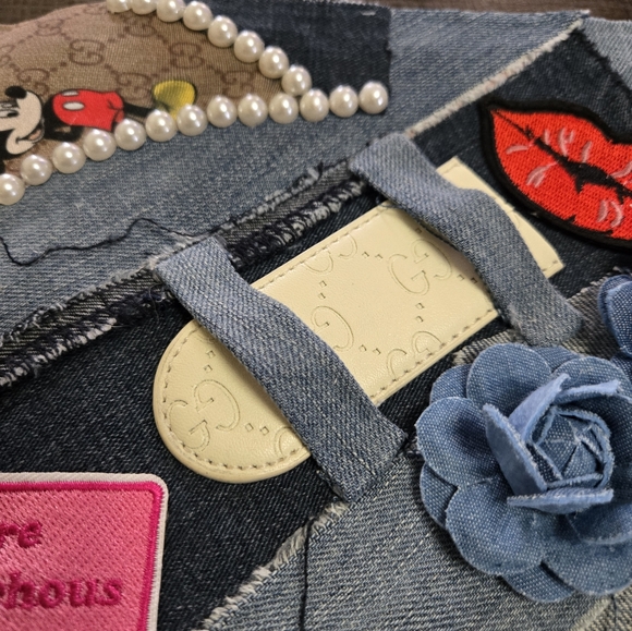 2 Pc Set Denim Patchwork Clutch And Matching Cuff Bracelet with Embellishments - Picture 2 of 9